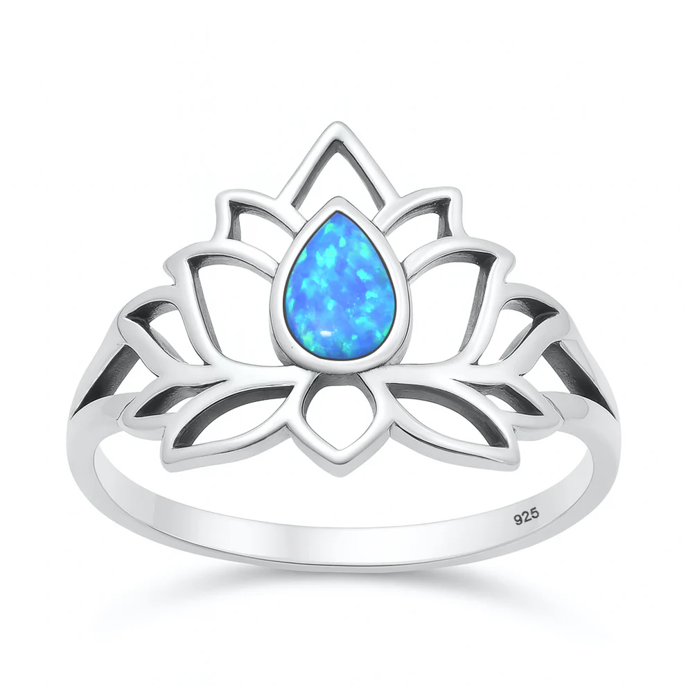 Sterling Silver Oxidized And Polished Blue Lab Opal Lotus Flower Ring