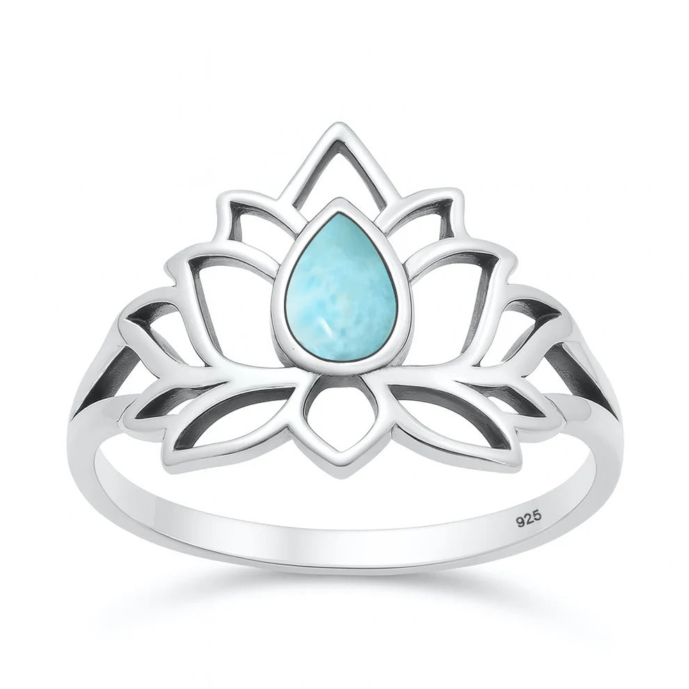 Sterling Silver Oxidized And Polished Lotus Flower Larimar Ring