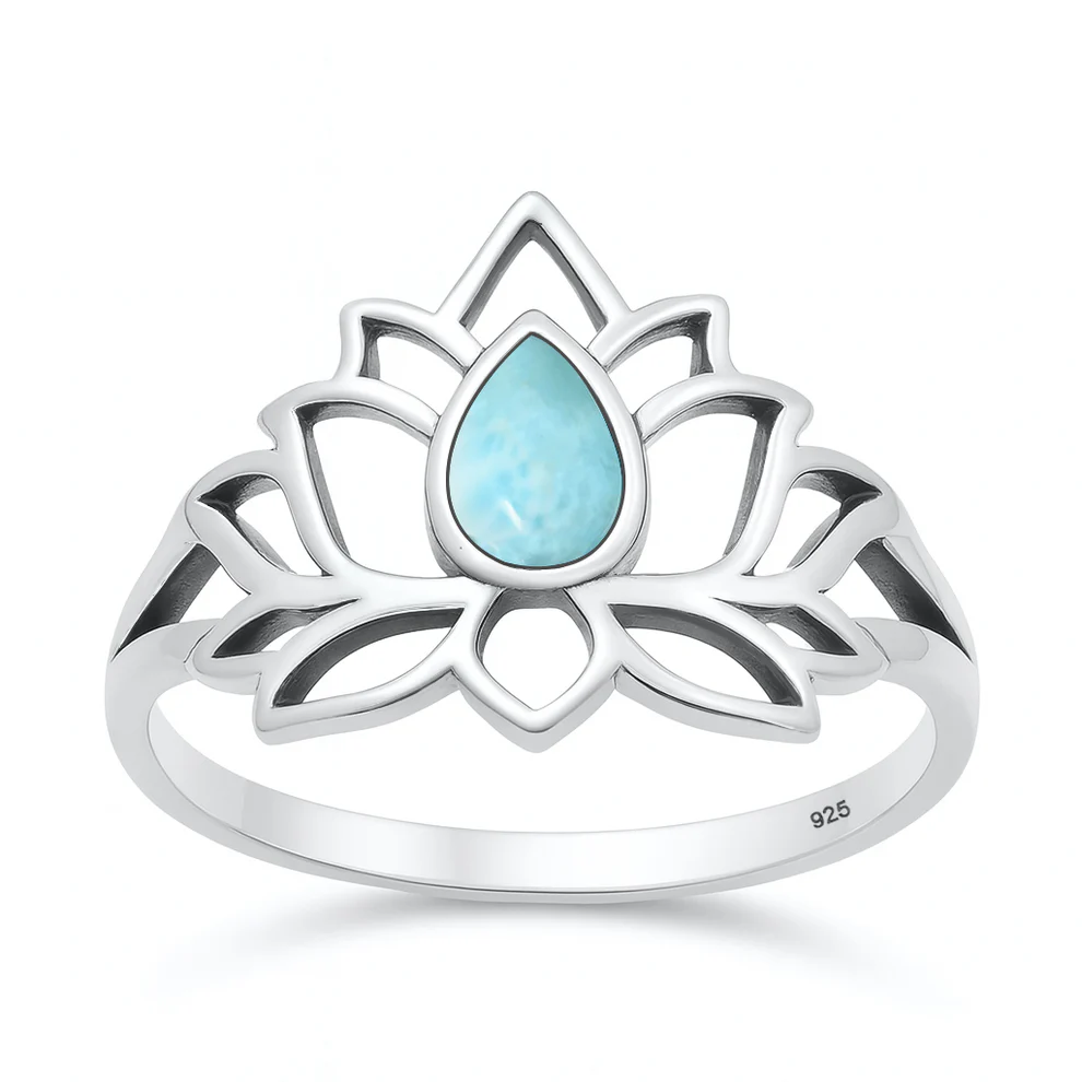 Sterling Silver Oxidized And Polished Lotus Larimar Stone Ring