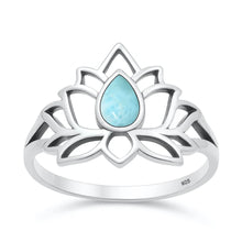Load image into Gallery viewer, Sterling Silver Oxidized And Polished Lotus Flower Larimar Ring