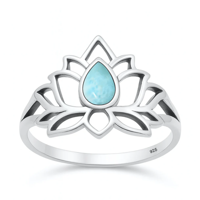 Sterling Silver Oxidized And Polished Lotus Larimar Stone Ring