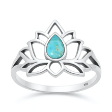 Load image into Gallery viewer, Sterling Silver Oxidized And Polished Lotus Flower Genuine Turquoise Stone Ring
