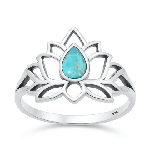 Sterling Silver Oxidized And Polished Lotus Flower Genuine Turquoise Stone Ring