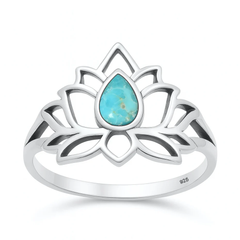Sterling Silver Oxidized And Polished Lotus Flower Genuine Turquoise Stone Ring
