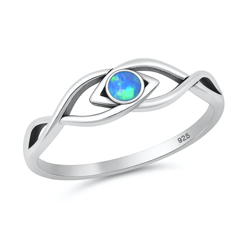 Sterling Silver Oxidized And Polished Blue Lab Opal Eye Ring