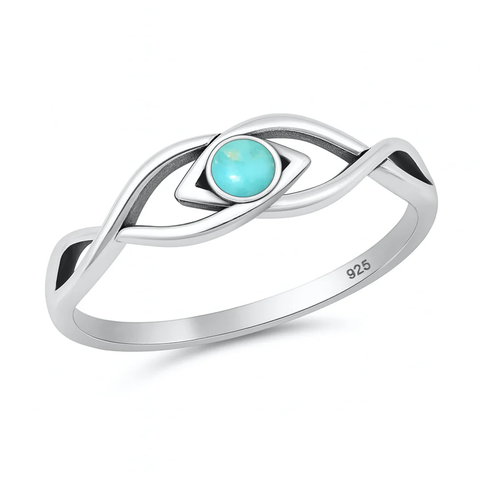 Sterling Silver Oxidized And Polished Eye Genuine Turquoise Stone Ring