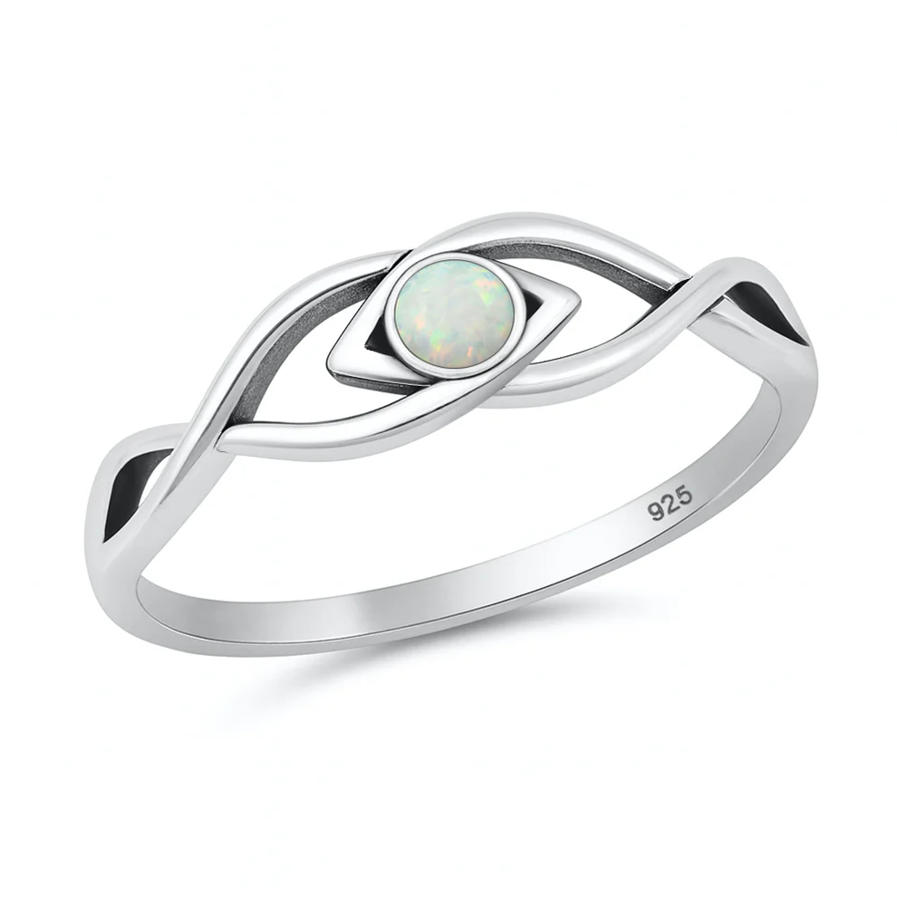Sterling Silver Oxidized And Polished White Lab Opal Eye Ring