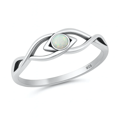 Sterling Silver Oxidized And Polished White Lab Opal Eye Ring