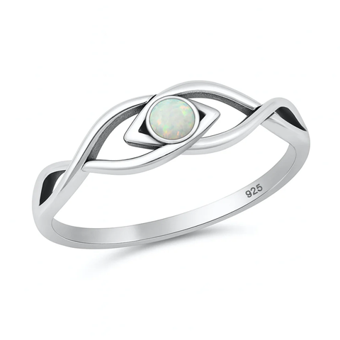 Sterling Silver Oxidized And Polished White Lab Opal Eye Ring