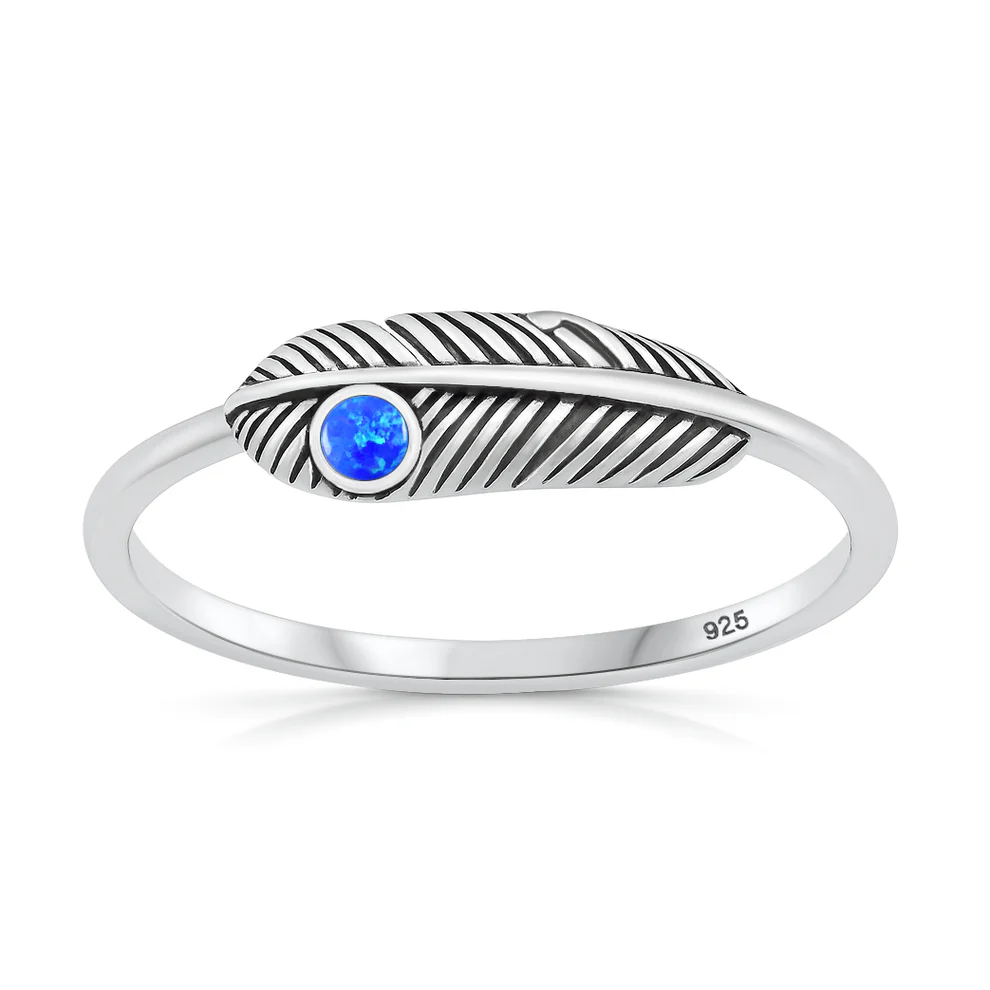 Sterling Silver Oxidized And Polished 5.5mm Feather Blue Lab Opal Ring