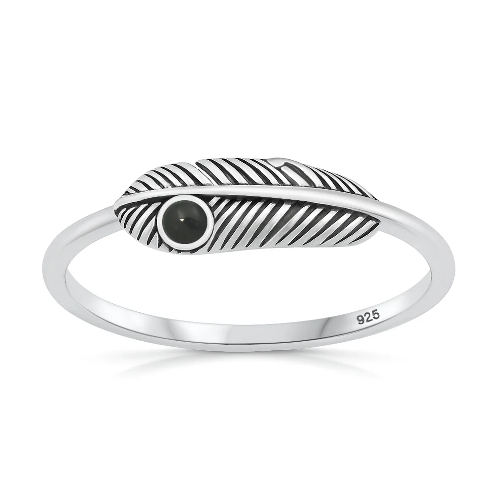 Sterling Silver Oxidized And Polished Feather Black Onyx Stone Ring
