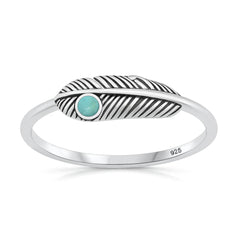 Sterling Silver Oxidized And Polished 5.5mm Feather Turquoise Stone Ring