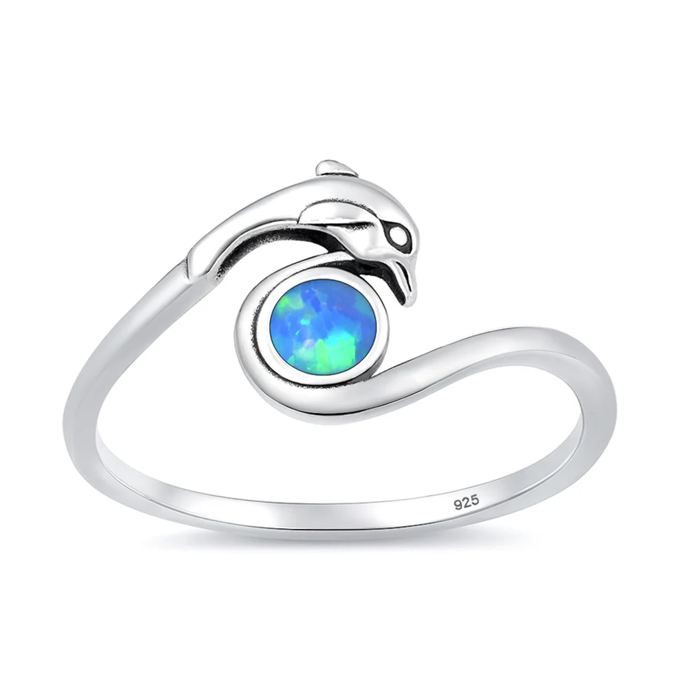 Sterling Silver Oxidized And Polished Dolphin Blue Lab Opal Ring