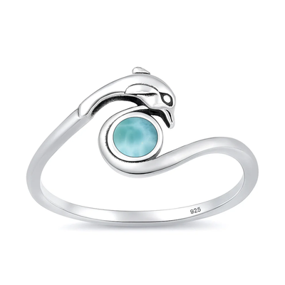 Sterling Silver Oxidized And Polished Dolphin Larimar Stone Ring