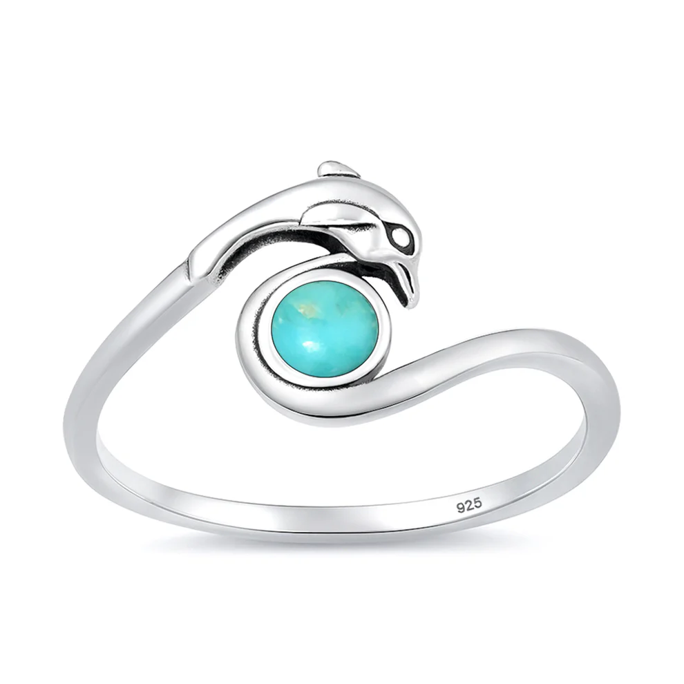 Sterling Silver Oxidized And Polished Dolphin Genuine Turquoise Stone Ring