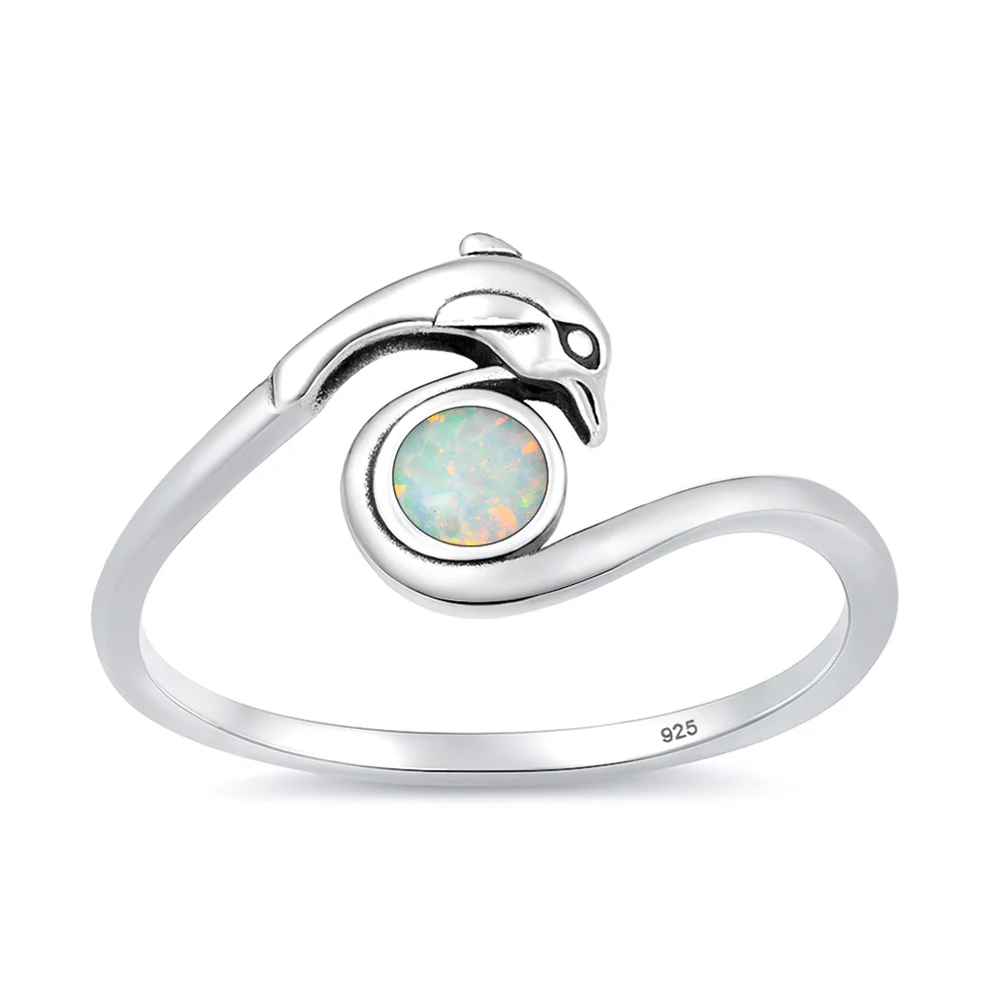Sterling Silver Oxidized And Polished White Lab Opal Dolphin Ring