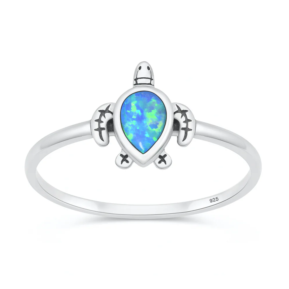 Sterling Silver Oxidized And Polished Turtle Blue Lab Opal Ring