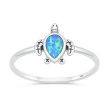 Load image into Gallery viewer, Sterling Silver Oxidized And Polished Turtle Blue Lab Opal Ring