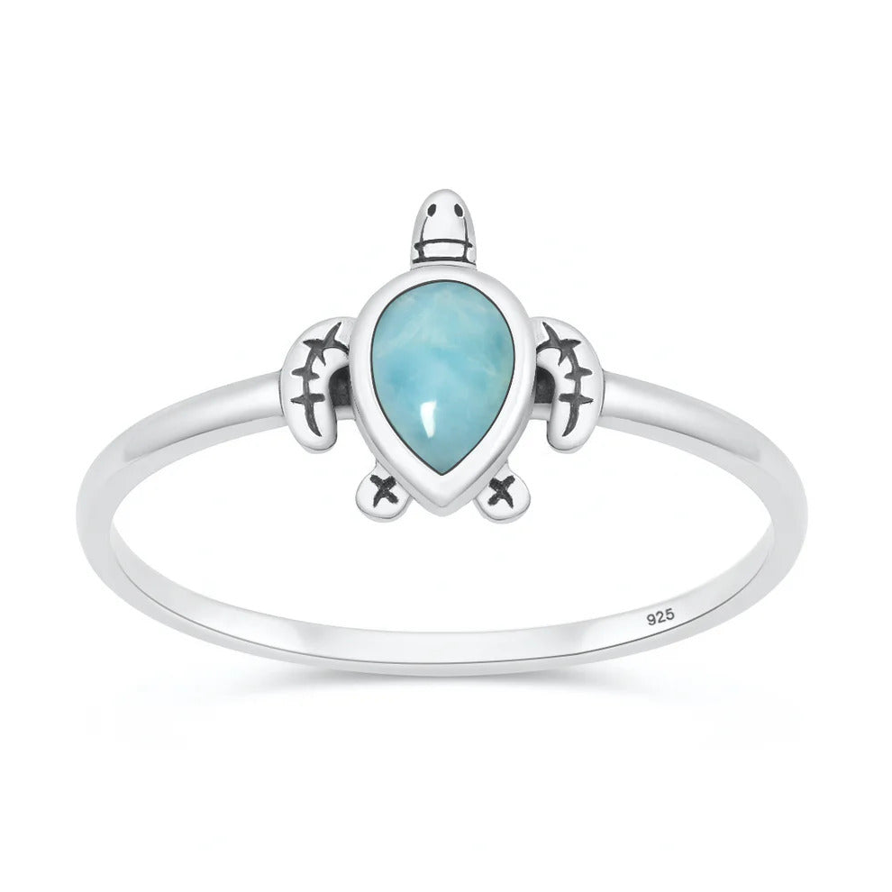 Sterling Silver Oxidized And Polished 10.5mm Turtle Larimar Stone Ring