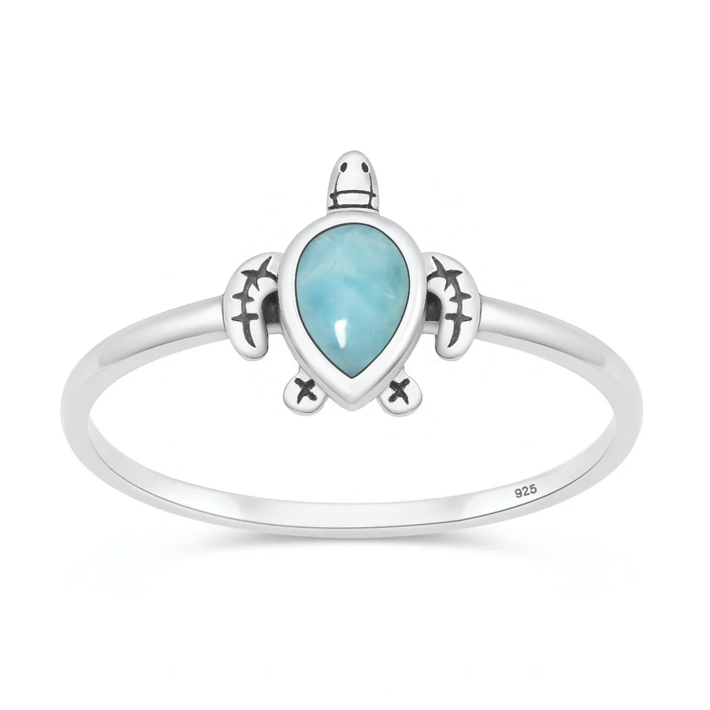Sterling Silver Oxidized And Polished Turtle Larimar Stone Ring
