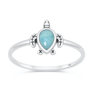 Sterling Silver Oxidized And Polished 10.5mm Turtle Larimar Stone Ring