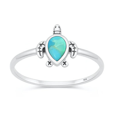 Sterling Silver Oxidized And Polished 9.9mm Turtle Turquoise Stone Ring