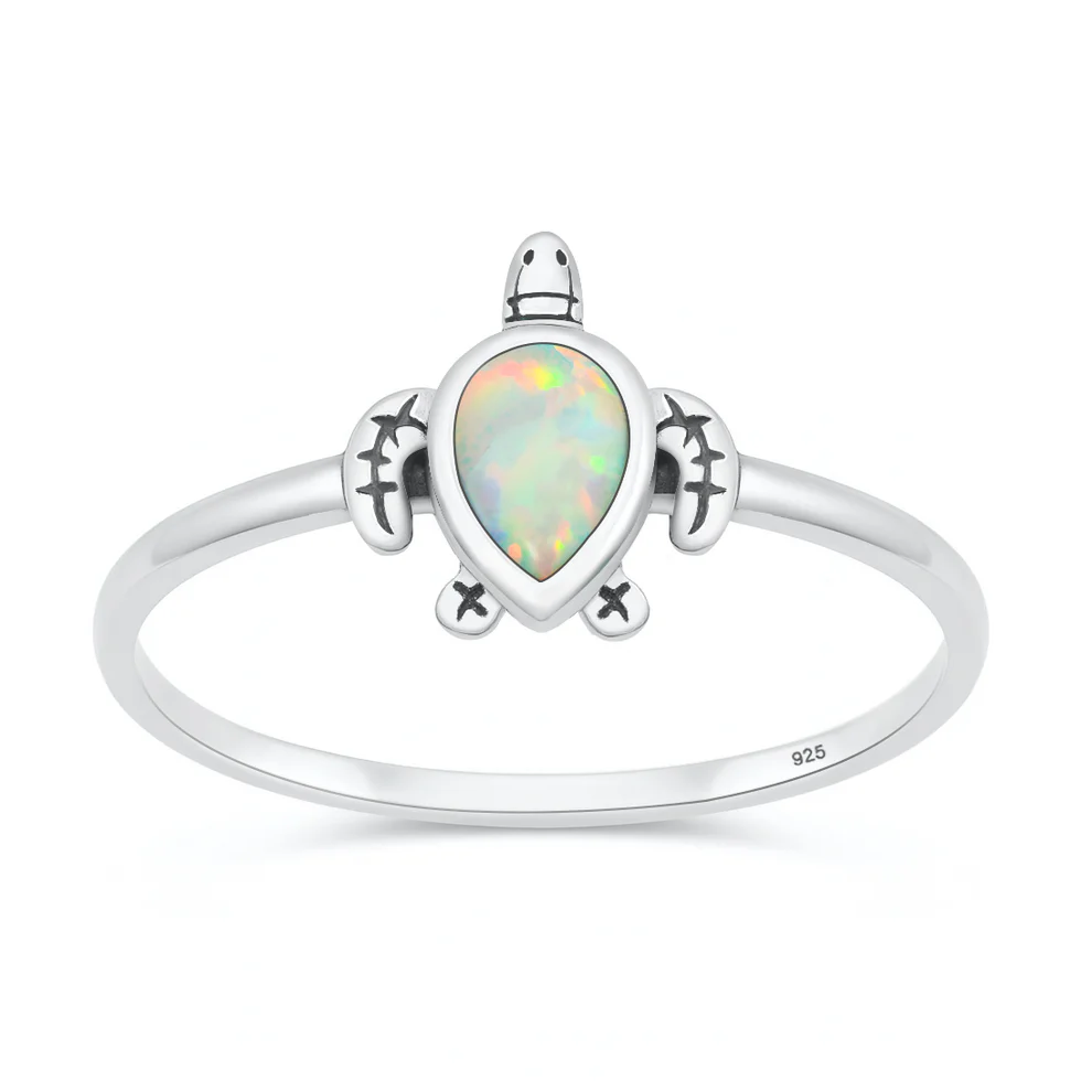 Sterling Silver Oxidized And Polished Turtle White Lab Opal Ring