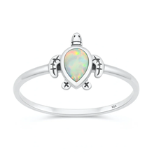 Load image into Gallery viewer, Sterling Silver Oxidized And Polished Turtle White Lab Opal Ring