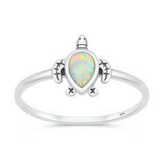 Sterling Silver Oxidized And Polished Turtle White Lab Opal Ring
