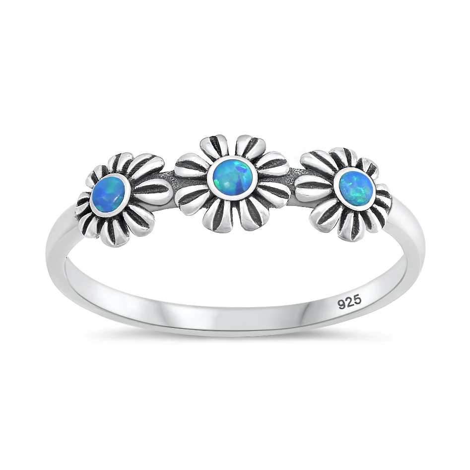 Sterling Silver Oxidized And Polished Flowers Blue Lab Opal Ring