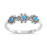 Sterling Silver Oxidized And Polished Flowers Blue Lab Opal Ring