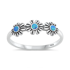 Sterling Silver Oxidized And Polished Flowers Blue Lab Opal Ring