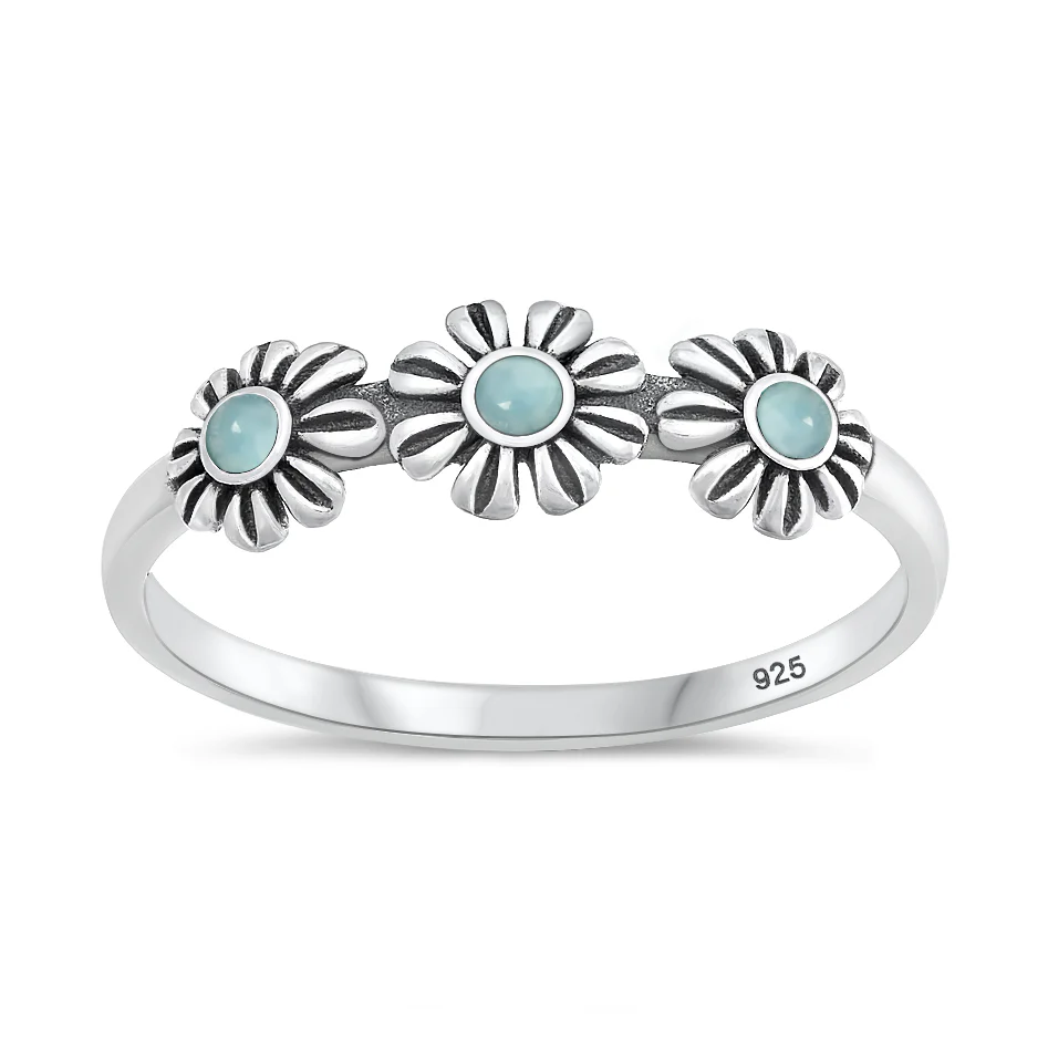 Sterling Silver Oxidized And Polished Flowers Larimar Stone Ring