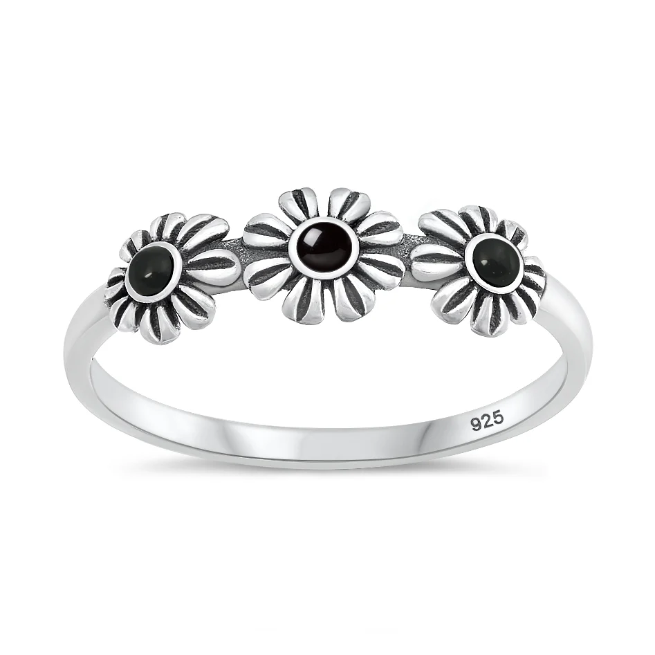 Sterling Silver Oxidized And Polished Flowers Black Onyx Stone Ring