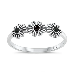Sterling Silver Oxidized And Polished Flowers Black Onyx Stone Ring