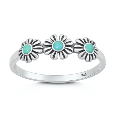 Sterling Silver Oxidized And Polished Daisies Genuine Turquoise Stone Ring