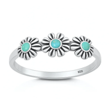 Sterling Silver Oxidized And Polished Daisies Genuine Turquoise Stone Ring