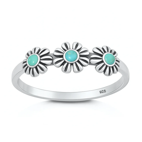 Sterling Silver Oxidized And Polished Daisies Genuine Turquoise Stone Ring