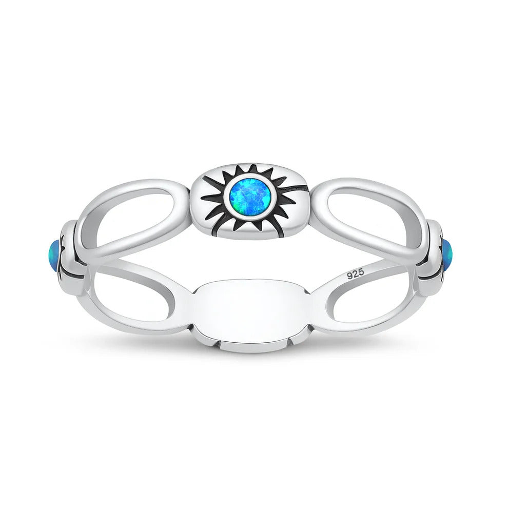 Sterling Silver Oxidized And Polished Sunburst Blue Lab Opal Ring