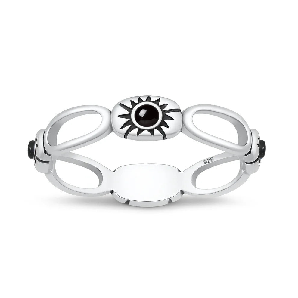 Sterling Silver Oxidized And Polished Sunburst Black Agate Ring