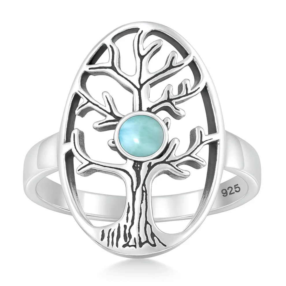 Sterling Silver Oxidized And Polished Tree Of Life Larimar Stone Ring