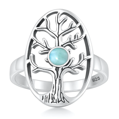Sterling Silver Oxidized And Polished Tree Of Life Larimar Stone Ring