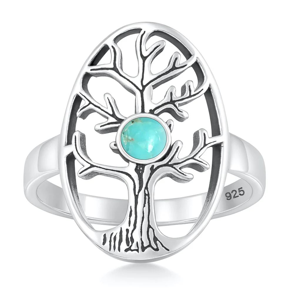 Sterling Silver Oxidized And Rhodium Plated Tree Of Life Genuine Turquoise Stone Ring