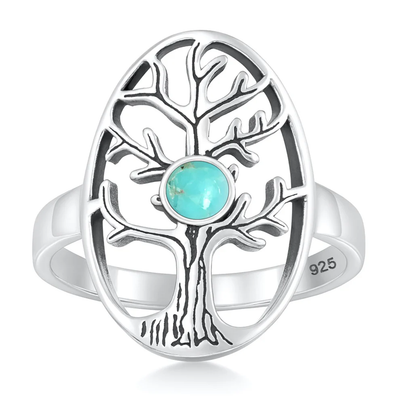 Sterling Silver Oxidized And Rhodium Plated Tree Of Life Genuine Turquoise Stone Ring