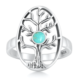Sterling Silver Oxidized And Rhodium Plated Tree Of Life Genuine Turquoise Stone Ring