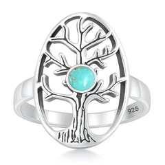 Sterling Silver Oxidized And Rhodium Plated Tree Of Life Genuine Turquoise Stone Ring
