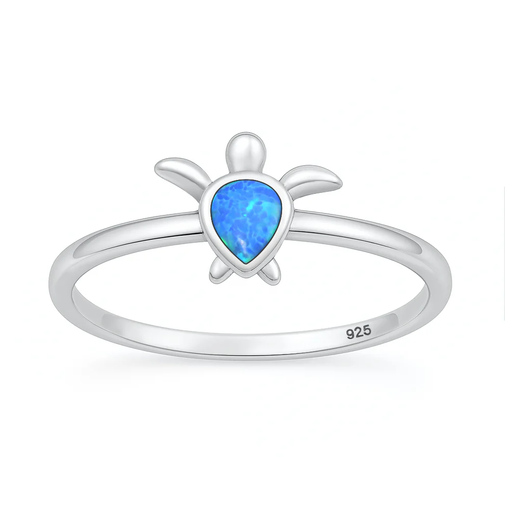 Sterling Silver Oxidized And Polished Blue Lab Opal Turtle Ring