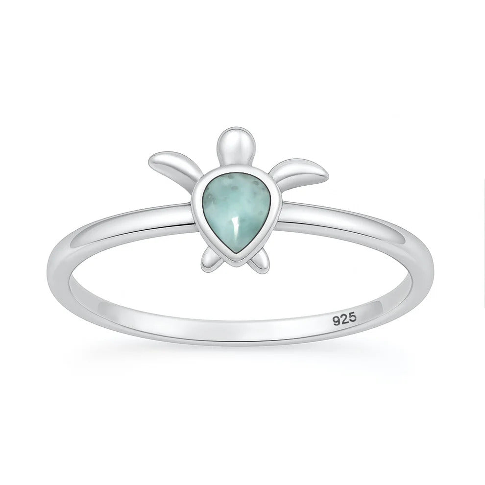 Sterling Silver Oxidized And Polished Larimar Turtle Ring