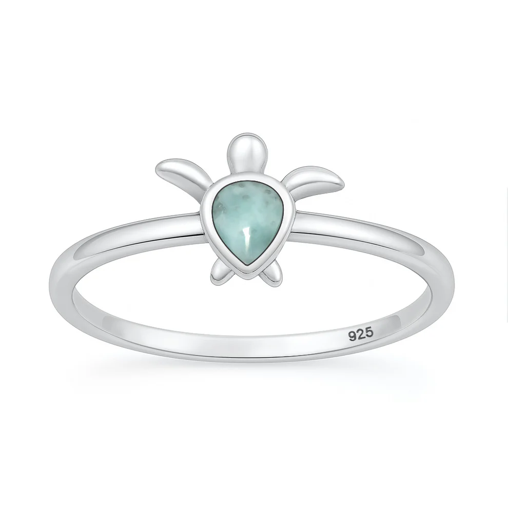 Sterling Silver Oxidized And Polished Larimar Stone Turtle Ring