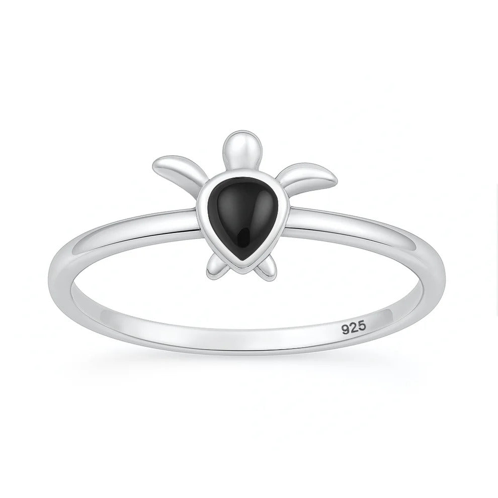 Sterling Silver Oxidized And Polished Black Onyx Stone Turtle Ring